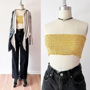 Brandy Melville Tube Top Yellow Gingham Smocked Strapless Crop Top